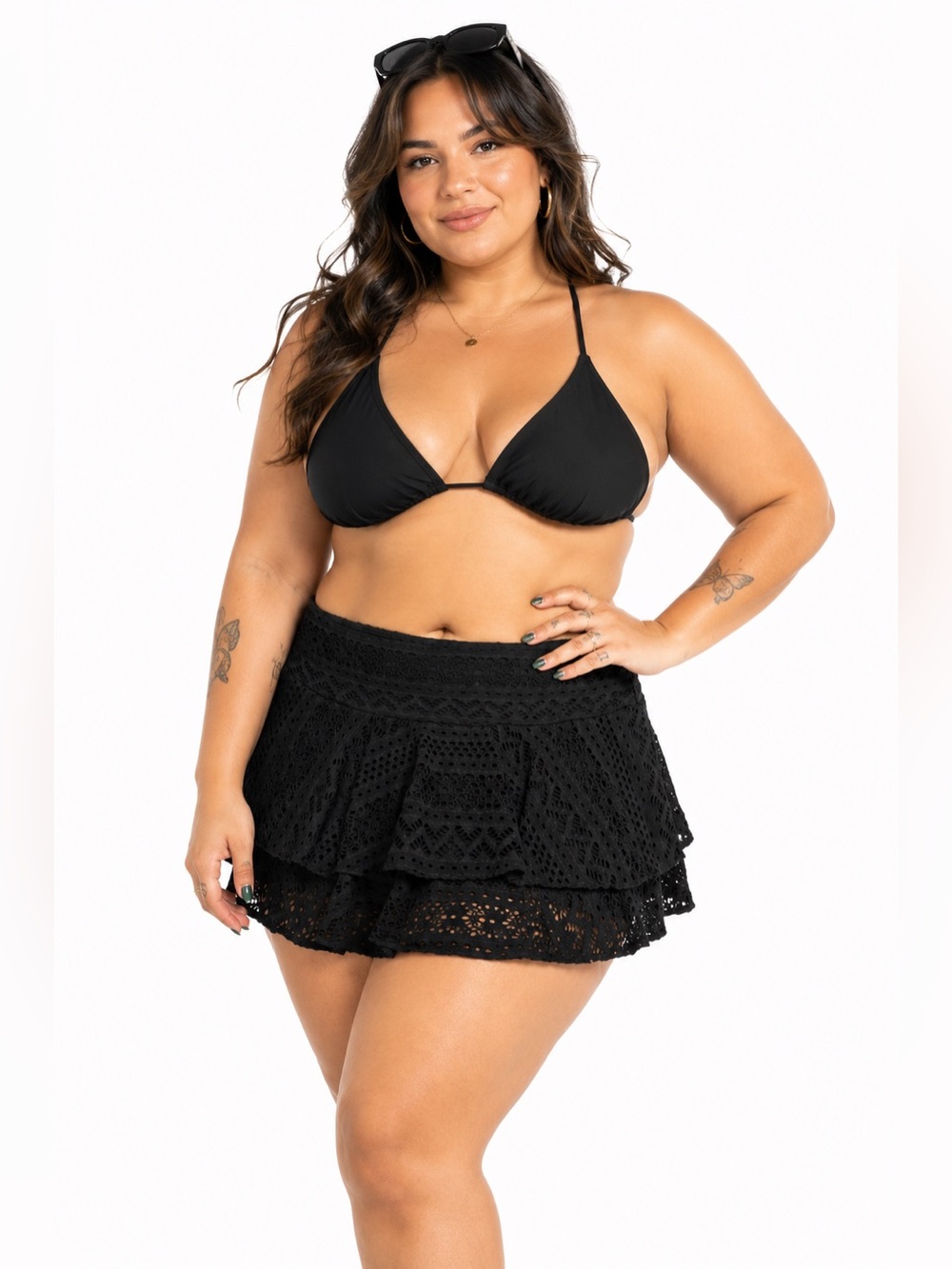 Y2K Vintage Crochet Textured Ruffle Mini Skort Swim Coverup (Black) Size L-1X